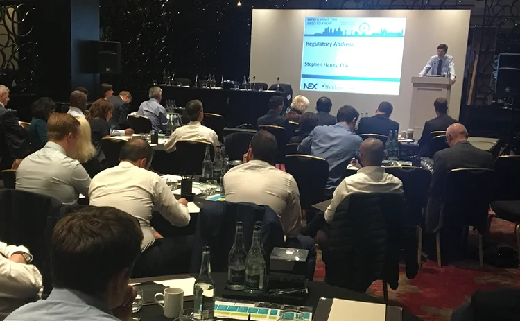 FCA's Stephen Hanks presents the regulatory address at a Waters Tech Mifid II event. 