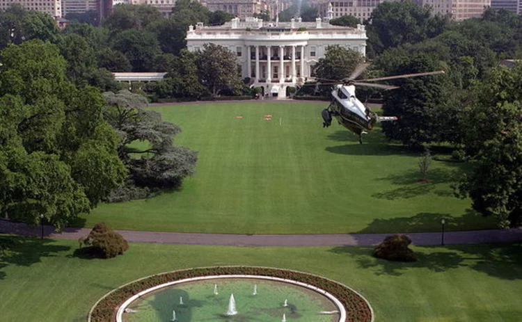 Marine One getting ready to land on the south lawn at the White House