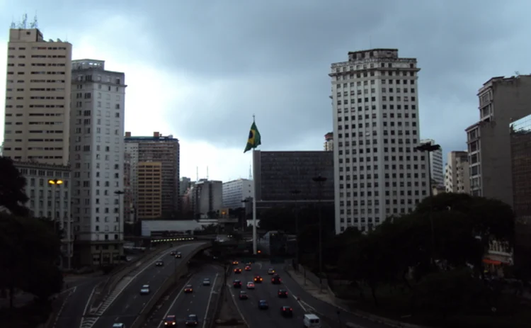 A Brazilian flag on a building in Sao Paulo