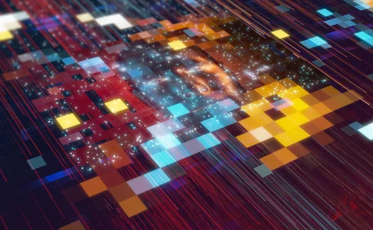 Abstract digital visualization of multicolored data blocks and flowing light trails forming a dynamic mosaic pattern, symbolizing data transmission, digital networks, and information processing.