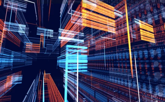 Abstract 3D visualization of digital data flow with glowing blue and orange lines, representing cybersecurity, information networks, and big data processing.