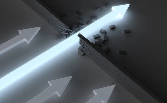 Glowing arrow breaking through a wall symbolizing innovation, progress, and overcoming obstacles in business or technology