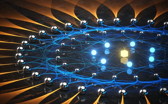 Abstract illustration of a neural network with interconnected nodes and glowing data paths, symbolizing artificial intelligence, machine learning, and data processing.