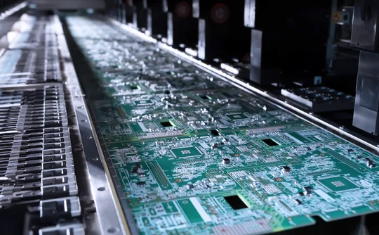 Automated assembly line manufacturing green printed circuit boards in a modern electronics factory.