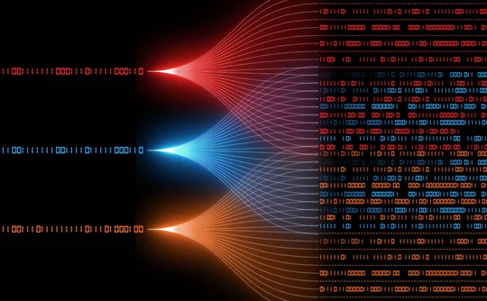 Binary data streams converge into a unified digital matrix, visualizing AI