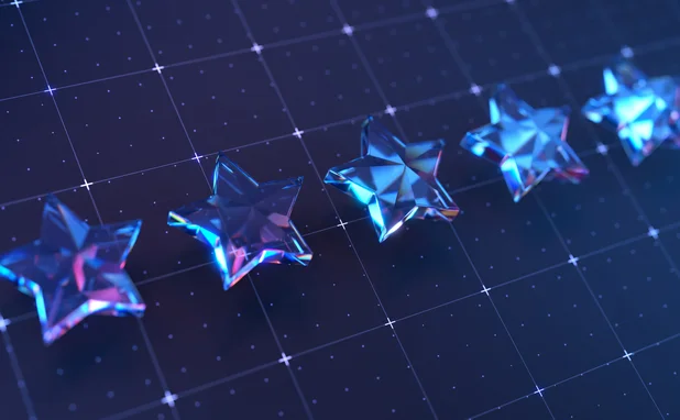 Five Crystal Stars On A Grid Background in Futuristic Blue Light - stock photo