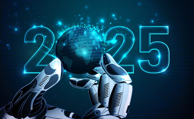 2025 new year and robotic artificial intelligence technology development concept.
