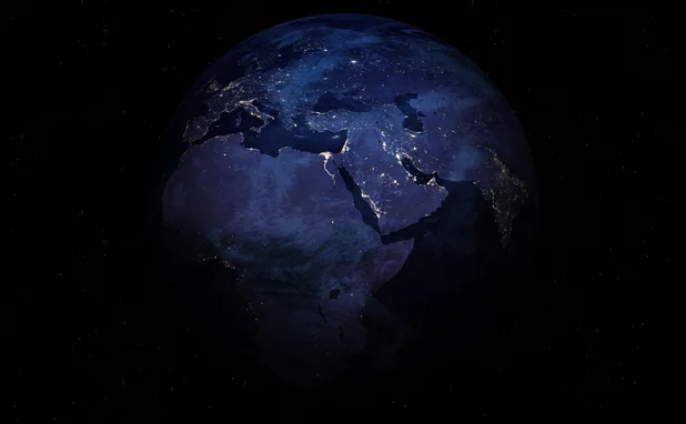 Amazing Planet Earth. Europe, Near East and Africa at night viewed from space with city lights. Beautiful Dark background. 