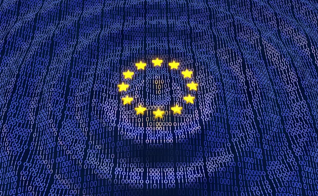European Union Data Protection bits and bytes in ripple waving pattern with glowing EU stars