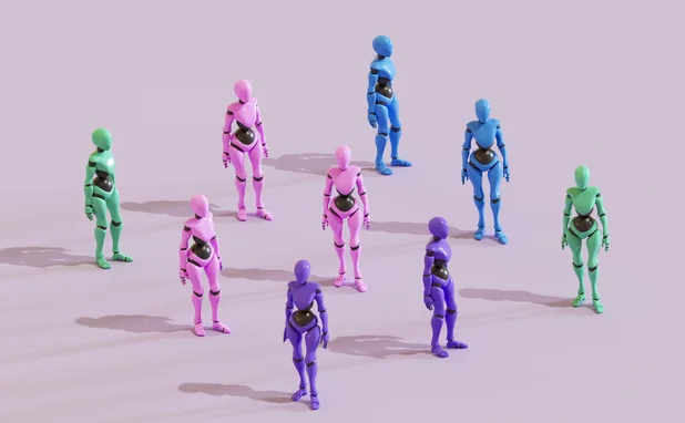 A digitally generated image featuring several abstract robots lined up in a row, symbolizing the future of artificial intelligence, automation, and humanoid robotics. This conceptual and futuristic composition highlights the rise of intelligent machines and the growing presence of AI in modern technology