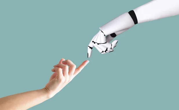 Human hand and robot hand system concept Integration and coordination of intellectual technology.