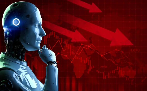 A thoughtful robot is placed against a background of financial crisis charts