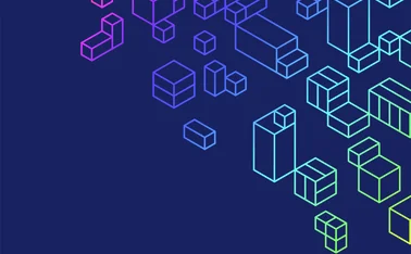 A dark blue background with a variety of geometric, three-dimensional shapes arranged primarily in the top right corner, tapering off toward the centre, resembling translucent cubes and rectangular prisms outlined in gradient neon lines. The gradient shifts through a spectrum from red, pink, purple, blue to green and yellow as it moves across the image. A futuristic and digital aesthetic.