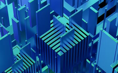 Abstract 3D illustration of futuristic iridescent cityscape with tall blue and green rectangular structures forming a geometric grid. Digital urban landscape concept symbolizing technology, data architecture, and modern infrastructure.