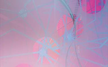Abstract digital artwork with soft gradients of pink, purple, and blue featuring translucent geometric shapes, circular patterns, and intersecting lines and curves, evoking a futuristic and technological theme.