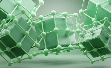 Abstract 3D rendering of interconnected green cubes enclosed in molecular lattice structures, resembling blockchain nodes or scientific data models, set against a soft green gradient background