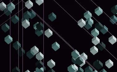 Abstract digital illustration of floating 3D cubes connected by thin glowing lines on a dark background, symbolising blockchain networks, data flow and decentralised technology