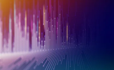 Abstract digital background with vertical glowing lines and gradient colors in purple, pink, orange, and blue, representing data flow, sound waves, or futuristic technology