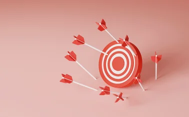 Several unsuccessful attempts at a red arrow that missed the target on a light red background. Failure in attempts to achieve goals. 3d render illustration