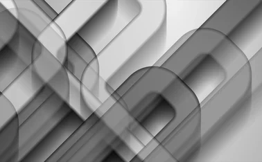Abstract 3D geometric background in grayscale with overlapping rounded rectangles and layered shadows, symbolizing modern digital design and technology concepts
