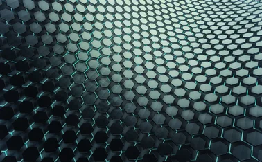 Abstract 3D hexagonal grid with glowing teal lines, creating a futuristic digital surface symbolizing data networks, blockchain, or advanced technology