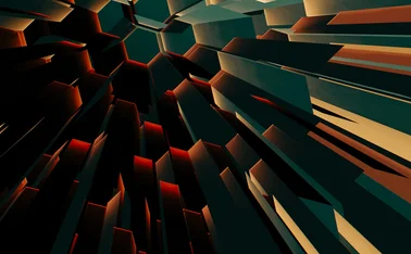 Abstract 3D digital artwork with sharp geometric shapes converging toward the center, illuminated with dark teal, red, and orange highlights, symbolizing data flow, energy, or futuristic technology.