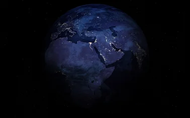 Amazing Planet Earth. Europe, Near East and Africa at night viewed from space with city lights. Beautiful Dark background. 