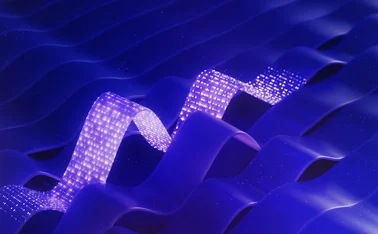 Abstract digital waves in deep blue with glowing purple light grids representing data flow and futuristic technology