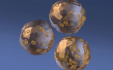 Three floating metallic 3D spheres with reflective surfaces and gold crystalline patches on a blue gradient background