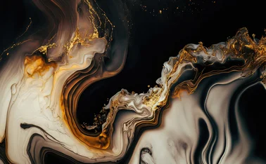  Luxury abstract fluid art painting in alcohol ink technique, mixture of black, gray and gold paints. Imitation of marble stone cut, glowing golden veins. Tender and dreamy design.