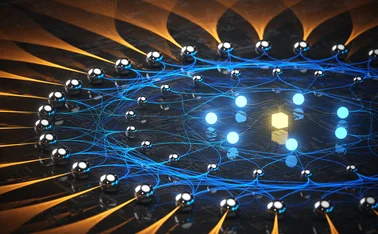 Abstract illustration of a neural network with interconnected nodes and glowing data paths, symbolizing artificial intelligence, machine learning, and data processing.