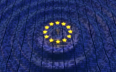 European Union Data Protection bits and bytes in ripple waving pattern with glowing EU stars
