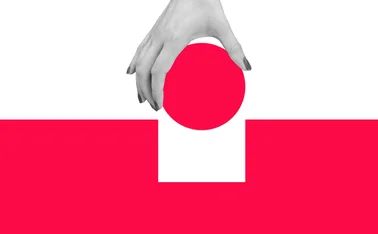 Inserting red circle into square shaped cut out - stock photo