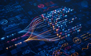 AI powers big data analysis and automation workflows, showcasing neural networks and data streams for business. Artificial intelligence, machine learning, digital transformation and tech innovation.