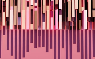 Abstract 3D data visualization of vertical blocks forming a structured pattern, representing artificial intelligence processing, data organization, and the simplification of complex datasets into ordered, scalable systems.