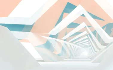 Abstract architectural tunnel of white geometric beams with soft blue and peach accents receding into the distance