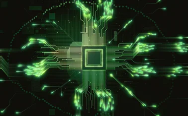 Depiction of a green PC circuit board on a dark background, with focus on the CPU, symbolising data and technology