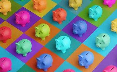Array of piggy banks in saturated colours on high colour contrast background. Illustration of the concept of bank savings, financial investment and multiple sources of income - stock photo