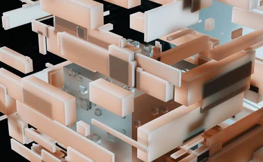 Abstract 3D geometric structure of interconnected blocks representing data networks and digital infrastructure