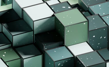 Abstract 3D arrangement of green and blue geometric blocks representing data, networks and digital infrastructure