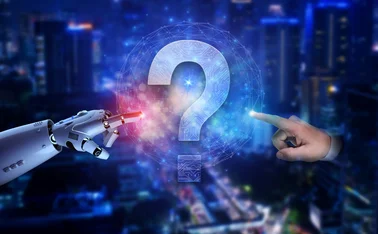 A robot and a human hand both pointing at a glowing question mark
