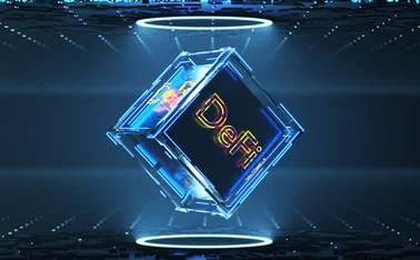 The words DeFi on a dark blue cube, with a background of 3D-rendered blockchain