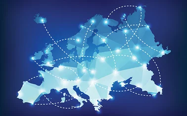 A map of Europe lit up and connected with dotted lines