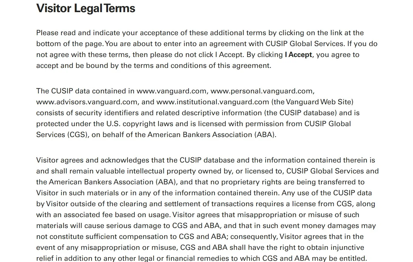 A screengrab of Vanguard's visitor terms to access information about fund VMRXX.