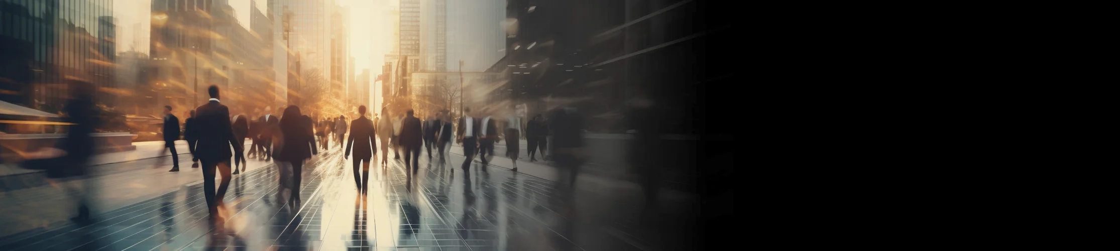 Abstract motion blur image of business people in a crowd walking in city downtown, blurred background, business centre concept, cinematic colour tone