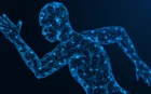 A running man. The technique of the hands when moving. Healthy lifestyle. Polygonal design of interconnected lines and points. Blue background.