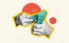 Composite photo collage of massive hairy hands hold wad money count dollars earnings income wealth isolated on painted background.