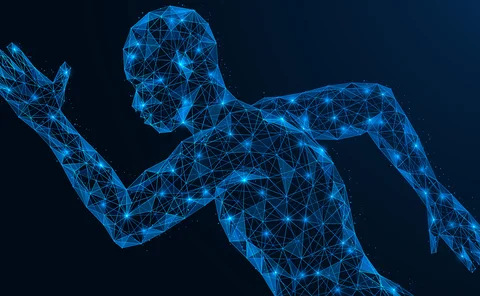 A running man. The technique of the hands when moving. Healthy lifestyle. Polygonal design of interconnected lines and points. Blue background.
