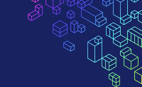 A dark blue background with a variety of geometric, three-dimensional shapes arranged primarily in the top right corner, tapering off toward the centre, resembling translucent cubes and rectangular prisms outlined in gradient neon lines. The gradient shifts through a spectrum from red, pink, purple, blue to green and yellow as it moves across the image. A futuristic and digital aesthetic.