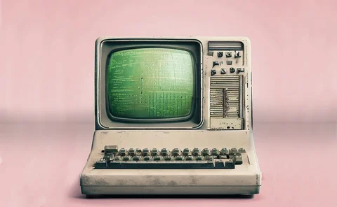 An old, dirty computer on pink background